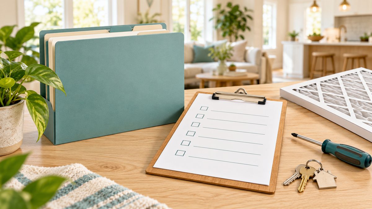 A blank home maintenance checklist with house keys, a screwdriver and a clean air filter on a pale wood table.