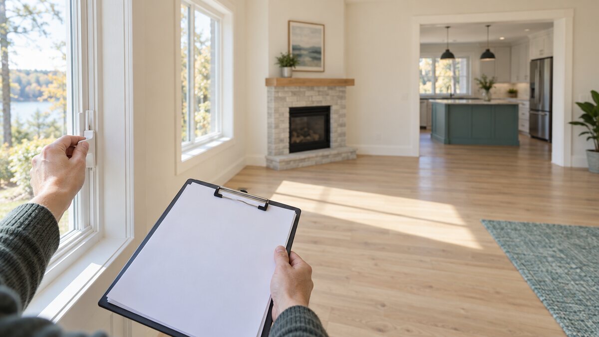 A buyer's hands holding a blank clipboard and checking a window latch in a bright, empty living room with an open kitchen beyond.