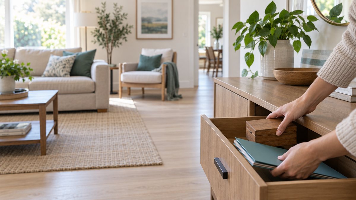 Hands placing a small wooden box and a folder into a sideboard drawer in a bright, tidy living room.
