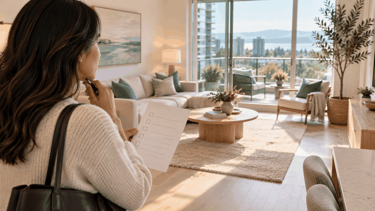 A condo buyer holds a blank checklist while reviewing a bright living room with balcony windows.
