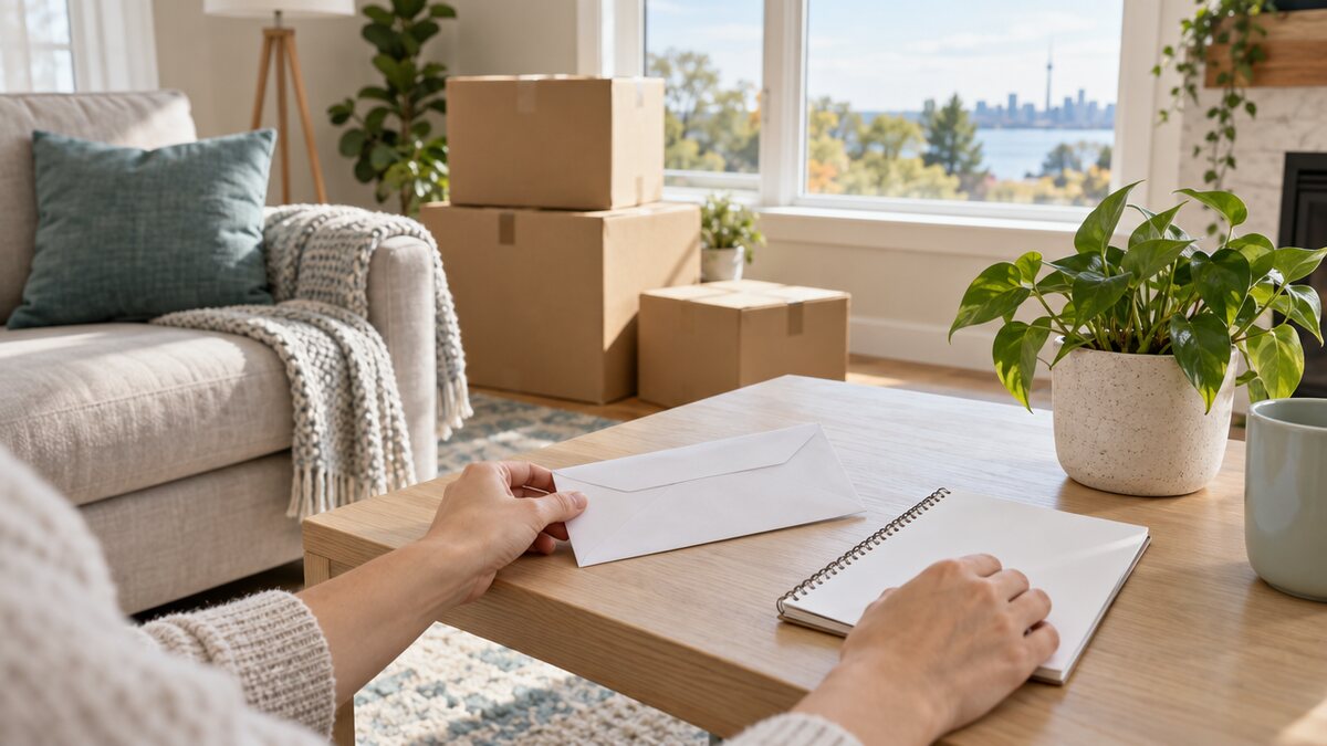 A person's hands resting on a pale oak coffee table beside a white envelope and a blank spiral notepad, with stacked moving boxes by a bright window.